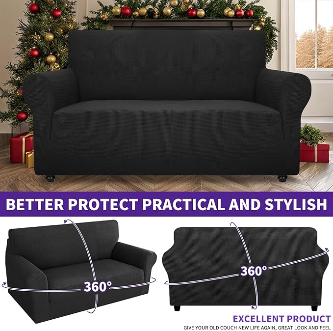 ZNSAYOTX Super Stretch Couch Cover Love Seat Sofa Covers for Living Room Dogs Pet Friendly Furniture Protector Spandex Loveseat Slipcovers with Anti Slip Foam Sticks (Black, Loveseat)