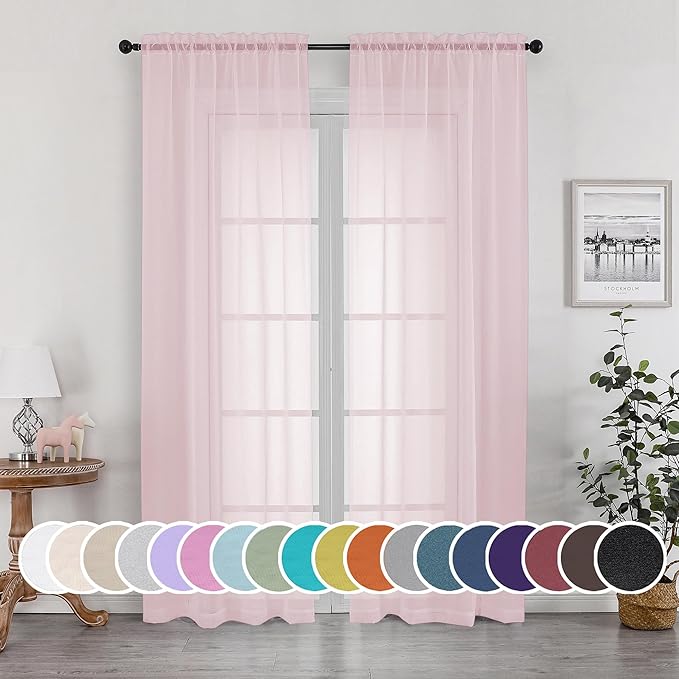 OWEINE Sheer Curtains 90 Inches Long 2 Panels Set, Light Filtering Fimly Voile Solid Blush Window Curtain Panels for Living Room Bedroom, Soft Voile Sheer Curtains & Drapes, Total 84 Inches Width