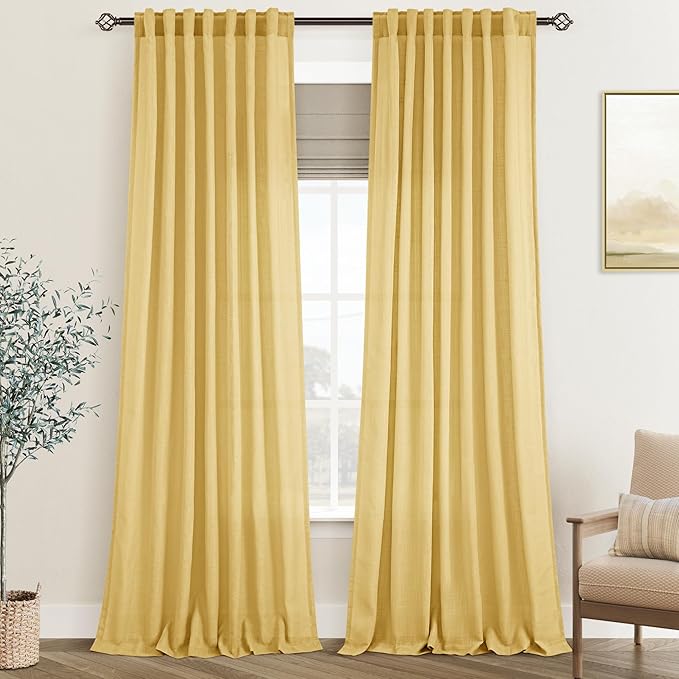 Gold Curtains for Living Room Back Tab Modern Farmhouse Semi Sheer Curtains 96 inches Long 2 Panels Set Muted Neutral Window Curtain for Dining Room Bedroom 52x96