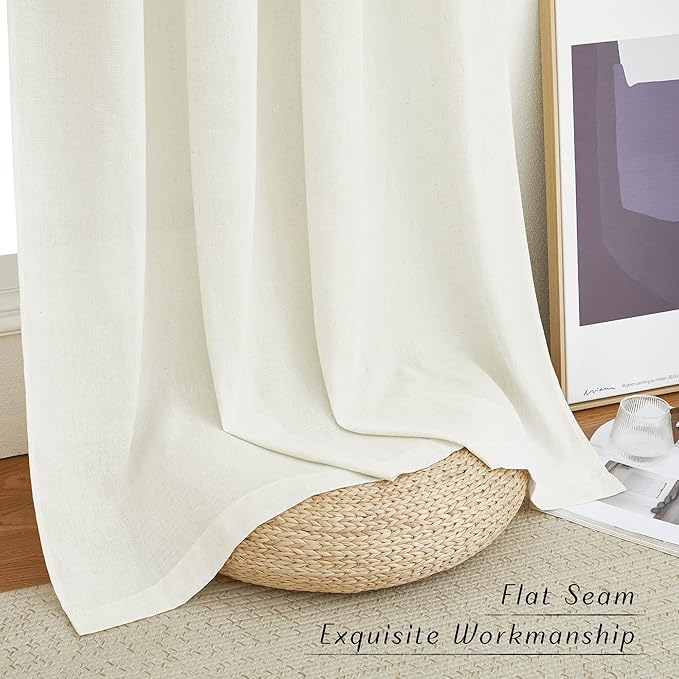 NICETOWN Off White Linen Curtains 84 inch Length, Grommet Privacy Added Thick Flax Not See Through Window Treatments Semi Sheer Drapes for Bedroom/Living Room, W55 x L84, 2 Panels