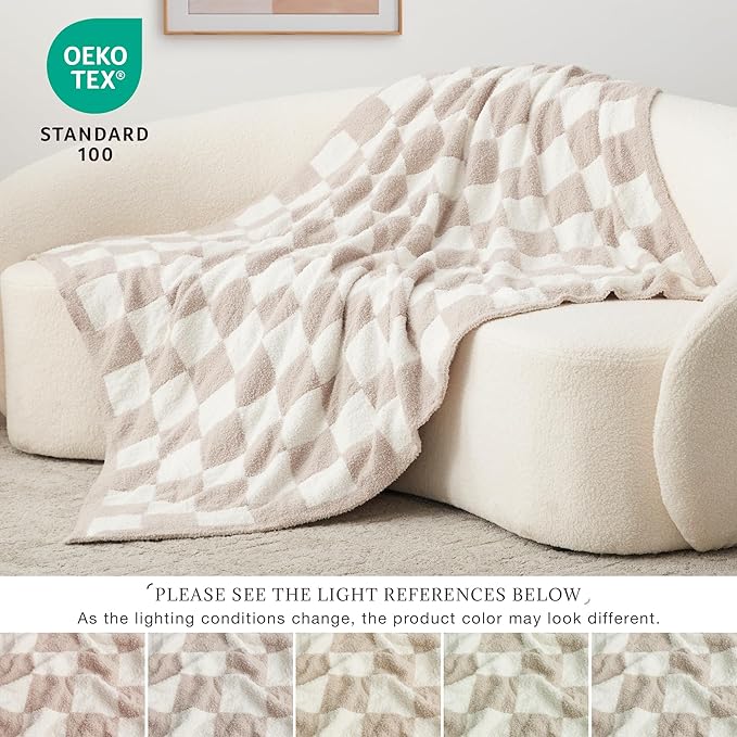 EXQ Home Checkered Throw Blanket, Knitted Blanket with Checkerboard Grid Pattern, Soft Cozy Fluffy Blankets for Couch Bed Sofa, Warm Fuzzy Plaid Blanket for All Seasons (Taupe, 50"×60")
