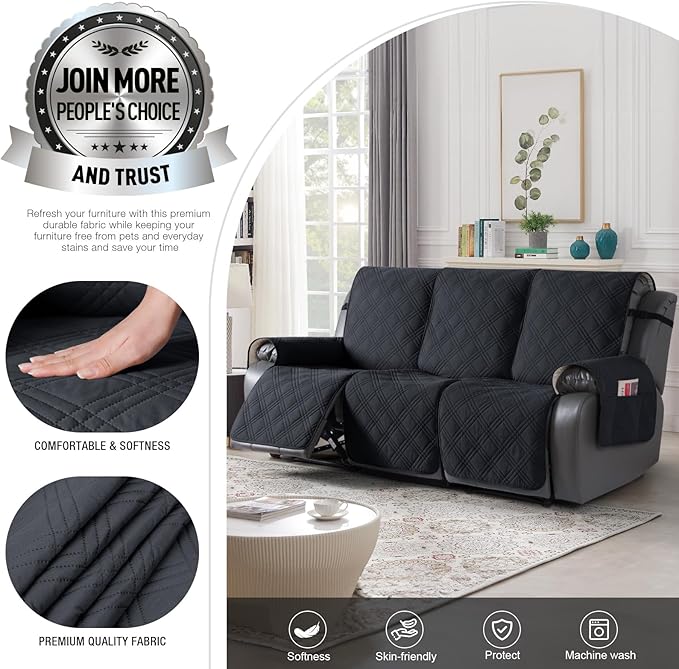 TAOCOCO 100% Waterproof Recliner Sofa Cover Non Slip Couch Cover for 3 Seat Reclining Sofa, Split Reclining Couch Covers 3-Piece with Straps, Washable Sofa Slipcover for Kids Pets(3 Seater, Black)