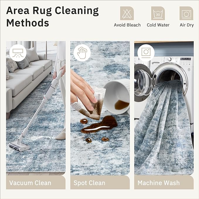 Abstract Rug 8x10 Large Living Room Rugs Neutral Modern Washable Area Rugs for Bedroom Dining Room Non-Slip Stain Resistant Foldable Thin Blue