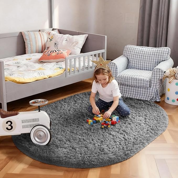 Ophanie 4x6 Oval Grey Rugs for Bedroom Living Room, Fluffy Fuzzy Furry Carpet, Plush Soft Shaggy Bedside Indoor Floor Area Rug for Kids Girls Boys Baby Teen Dorm Nursery Home Decor Aesthetic