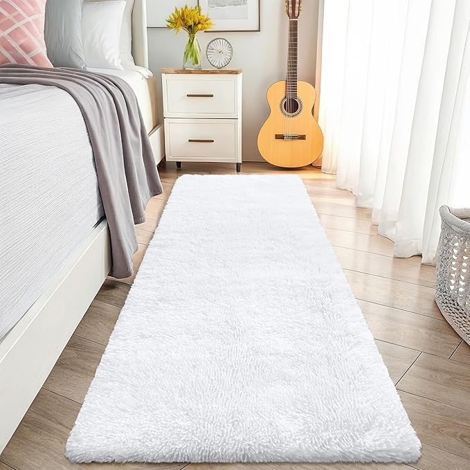 OLANLY 2x8 Machine Washable Runner Rugs for Hallway, Soft Fluffy Shaggy Bedside Rugs for Bedroom, Living Room, Indoor Floor Carpet for Kids Girls and Boys, Nursery Rooms, Home Decor Aesthetic, White