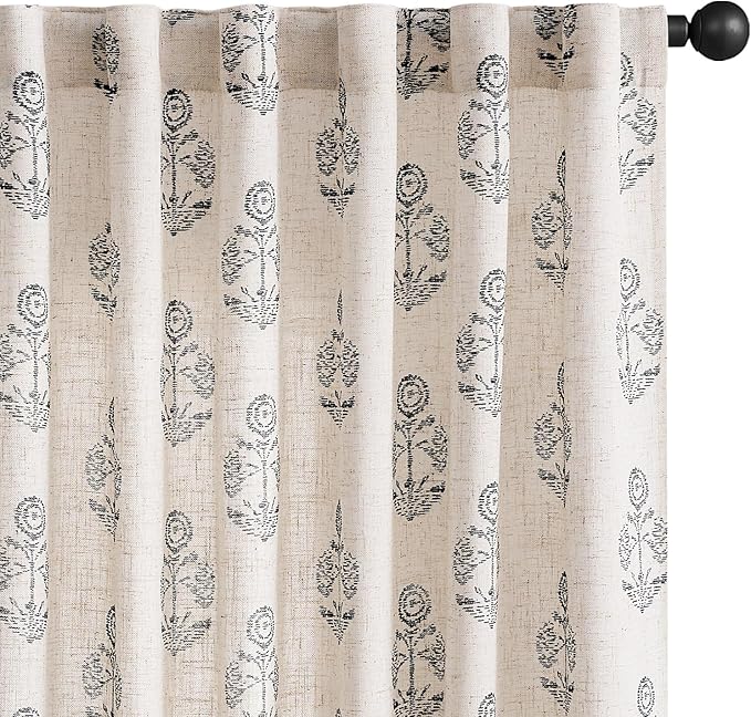 jinchan Linen Floral Curtains for Living Room 63 Inch Length Black Flower Cottage Core Farmhouse Curtains Rod Pocket Back Tab Boho Semi Sheer Window Drapes Bedroom Set 2 Panels Black on Beige