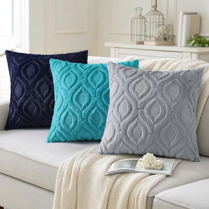 decorUhome Summer Throw Pillow Covers 20x20 Inch Set of 2, Soft Plush Faux Wool Navy Blue Solid Couch Pillow Covers, Accent Farmhouse Neutral Square Pillow Cases for Sofa Bed Living Room