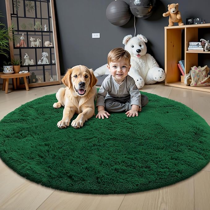 OLANLY Dark Green Round Rugs for Bedroom - Machine Washable, 6 ft Circle Area Rugs for Living Room, Soft and Fluffy Shaggy Carpet for Teen Girls and Boys, Nursery Rooms, Dorms, Home Decor Aesthetic