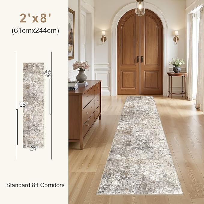 UERMEI 2X8 Washable Runner Rug for Hallway: Soft Neutral Modern Abstract Area Rug - Non-Slip Low Pile Long Throw Indoor Carpet for Kitchen Entryway Kitchen Bedroom Laundry- Brown Grey
