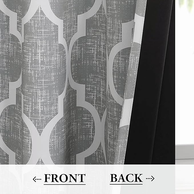 Beauoop 100% Blackout Curtains 45 Inches Long 2 Panels for Bedroom Living Room Grey Moroccan Geo Room Darkening Thermal Insulated Soundproof Grommet Top Window Treatments Drapes, 50x45 Set of 2