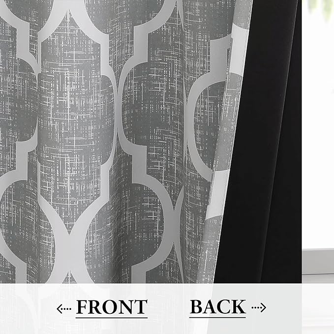 Beauoop 100% Blackout Curtains 96 Inches Long 2 Panels for Bedroom Living Room Grey Moroccan Geo Room Darkening Thermal Insulated Soundproof Rod Pocket Back Tab Window Treatments Drapes, 50x96