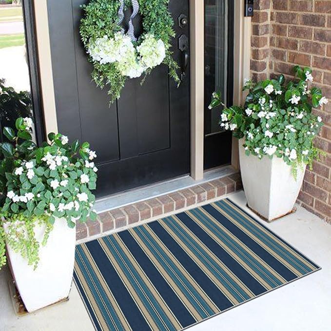 Front Door Mat Outside Entrance - 2x3 Striped Non-Slip Washable Welcome Doormat Indoor Outdoor Entrance Navy Blue Coastal Rug Small Throw Rugs for Entryway Bedroom Kitchen Front Porch Decor