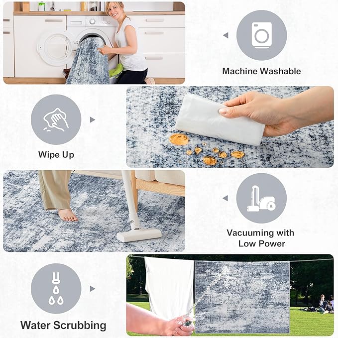 Area Rugs 10x14 Living Room - Washable Rug Modern Abstract Soft Large Neutral Non-Slip Carpet Indoor Floor Thin Carpets for Bedroom Dining Room Farmhouse Nursery Home Office Grey Blue