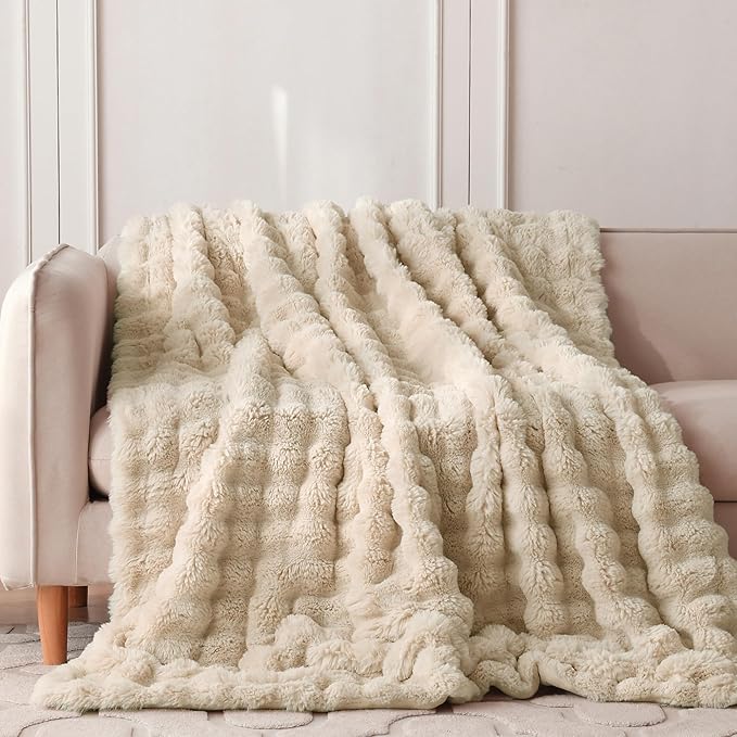 COOVA Faux Fur Throw Blanket for Couch, Cozy Soft and Fuzzy Plush Rabbit Fur Bubble Blanket for Sofa Bedroom Living Room, 60x80 Inches Light Taupe