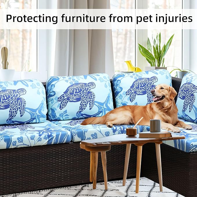 8Pcs Stretch Patio Cushion Covers,Outdoor Couch Covers Replacement,Outdoor Couch & Sofa Slipcovers,for Patio Furniture Cushion Covers,Washable Reusable Furniture Protector (Sea Turtle,Cover Only)