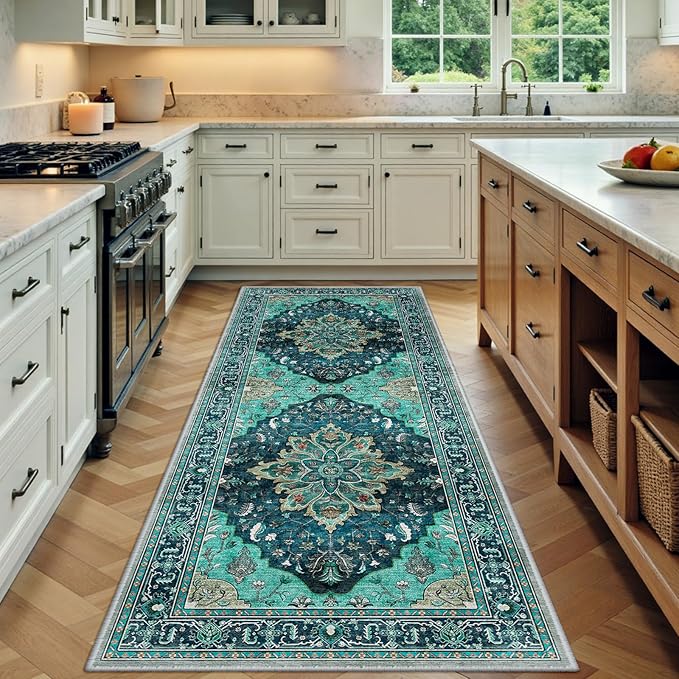 Area Rugs 3'x8' Runner Rug Non Slip Washable for Kitchen Hallway Bedroom Beside Laundry Room Bathroom Rug, Floor Carpet, Teal Green Lake Blue Turquoise