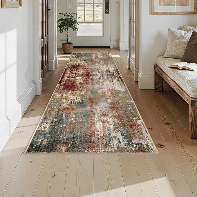 Washable Area Rugs 3x9 Non-Slip Modern Abstract Soft for Living Room Entryway Bedroom Nursery, Print Pattern, Brown Rust Red Green Blue Multi