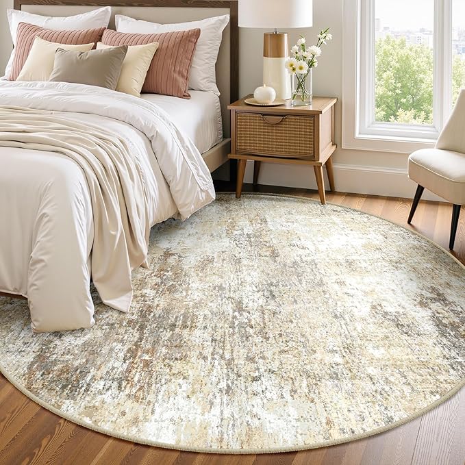 Washable Area Rugs 6ft Non-Slip Modern Abstract Soft for Living Room Entryway Bedroom Nursery, Print Pattern, Neutral Brown Gray