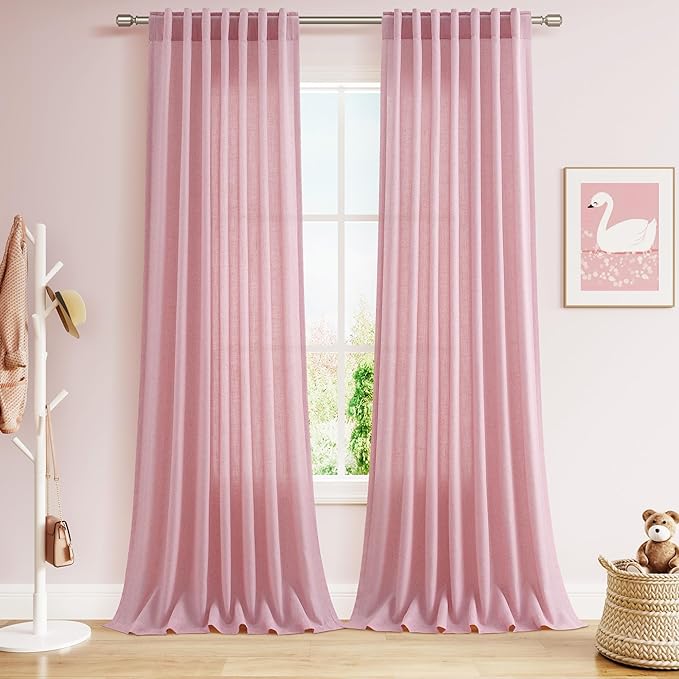 Nanspring Rose Linen Curtains 90 Inch Long 2 Panels Set Back Tab Rod Pocket Semi Sheer Light Filtering Boho Style Neutral Farmhouse Lightweight for Bedroom and Living Room 52x90