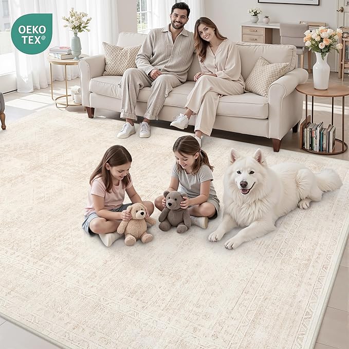 6x9 Area Rugs for Living Room: Vintage Boho Neutral Washable Rug Indoor Soft Large Area Rug Carpet for Bedroom Nursery Farmhouse Dining Room Office Floor Non-Slip Low Pile Under Table Rug Beige