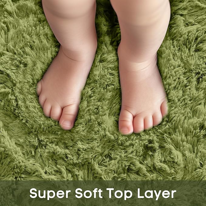 Ophanie Green Round Rug 5Ft Circle Area Rug, Green Room Decor, Fluffy Fuzzy Bedroom Carpet, Plush Soft Shaggy Living Room Rugs for Kids Home Decor Aesthetic, Nursery