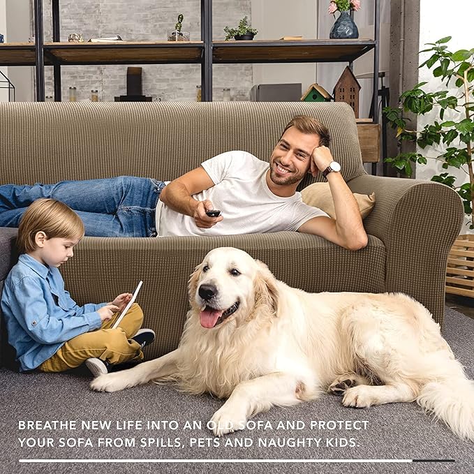ZNSAYOTX Super Stretch Couch Cover (72"-92") Universal Sofa Covers with Elastic Bottom, Dog Cat Pets Friendly Washable Furniture Protector Fitted Sofa Slipcovers Stay in Place (Brown, Sofa)