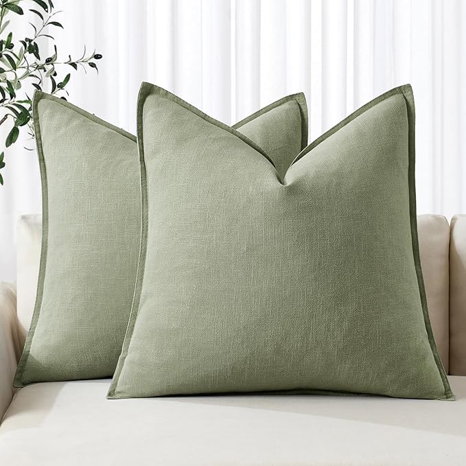 MIULEE Decorative Linen Euro Sham Pillow Covers 24x24 Sage Green Boho Farmhouse Neutral Spring Couch Throw Pillows for Bed Pack of 2 Accent Modern Pillowcase Summer Sofa Livingroom Home Decor