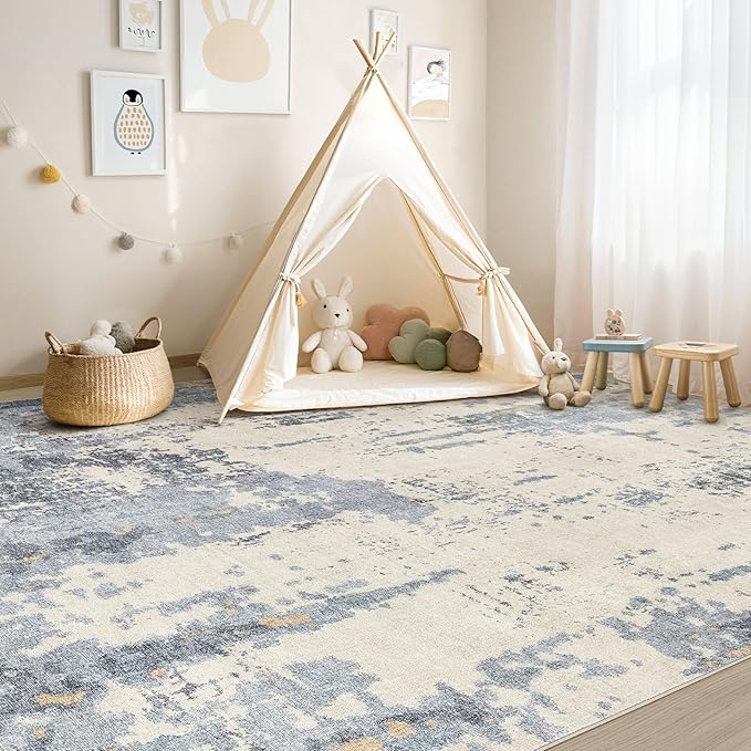 UERMEI 9x12 Area Rug Living Room Rugs - Washable Neutral Modern Abstract Soft Thin Rug Indoor Floor No Slip Rug Carpet for Bedroom Under Dining Table Home Office Decor - Blue/Light Brown