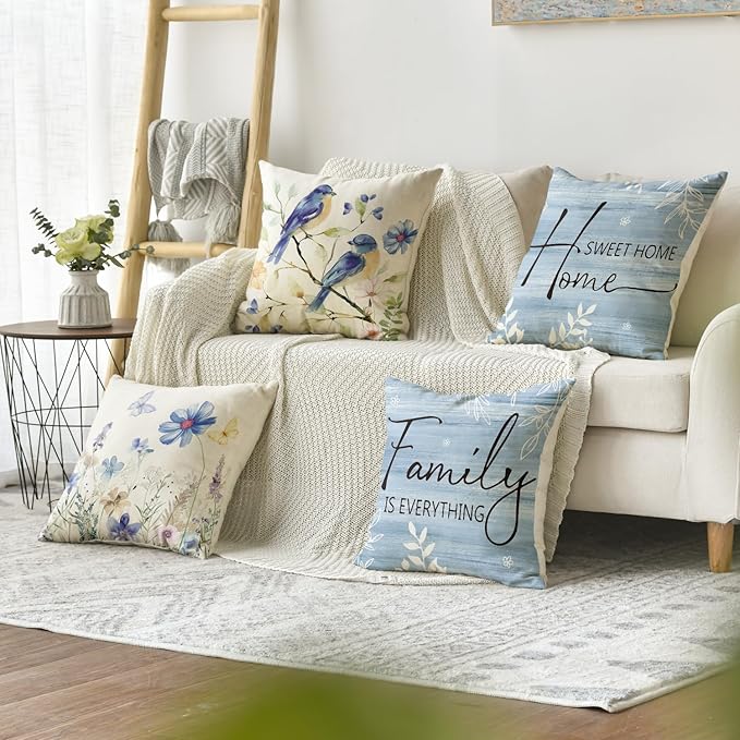 AVOIN colorlife Spring Saying Flowers Butterfly Bird Throw Pillow Covers, 18 x 18 Inch Home Sweet Home Blue Cushion Case for Sofa Couch Set of 4
