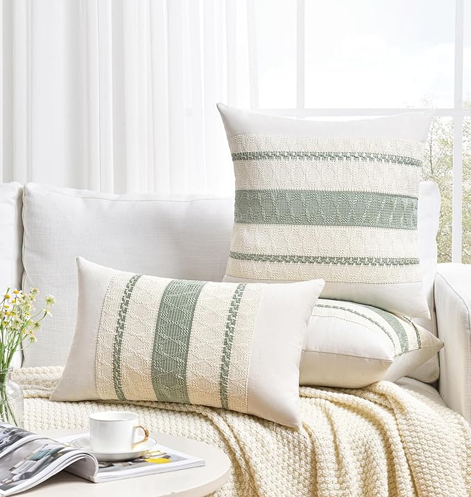 Fancy Homi Set of 1 Sage Green Boho Lumbar Decorative Throw Pillow Covers 14x24 Inch for Living Room Bedroom Couch Bed Sofa, Rustic Retro Cushion Case, Bohemian Room Home Decor