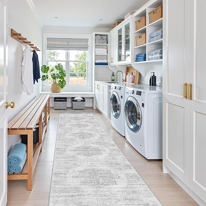 2x12 Runner Rug, Long Hallway Rugs for Dining Room, Living Room, Bedroom, Machine Washable Kitchen Carpet Runner with Rubber Backing, Soft Low Pile Indoor Rug(2'x12', Light Grey/White)