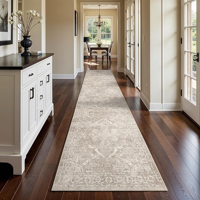 Washable 3x14 Runner Rug - Non-Slip Vintage Runner Rug for Entryway Low-Pile Medallion Long Rugs for Hallway Waterproof Traditional Runner Rugs Indoor Thin Rug for Kitchen (Beige)