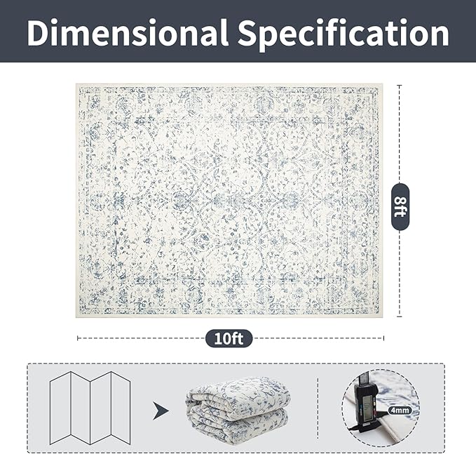 Washable Rugs 8x10 Area Rugs for Living Room- Large Vintage Rugs for Bedroom,Dining Room,Ultra Soft Low Pile Foldable Carpet with Non Slip Rubber Backing,Neutral Accent Rug(White-Blue)