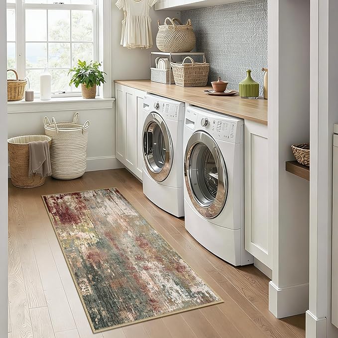 Washable Area Rugs 2'x5' Non-Slip Modern Abstract Soft for Living Room Entryway Bedroom Nursery, Print Pattern, Brown Rust Red Green Blue Multi