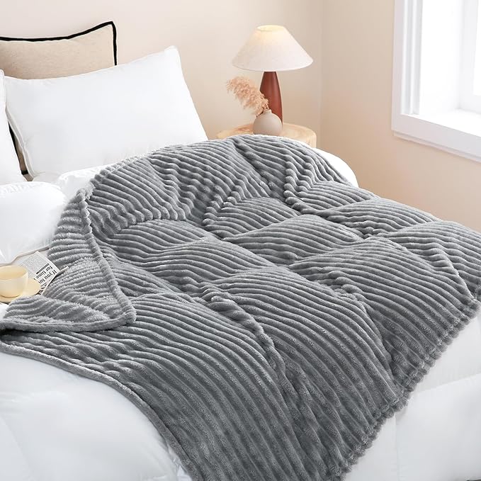 Grey Fleece Throw Blanket 50”×60” for Couch Sofa Bed,Super Soft Cozy Plush Microfiber Flannel Blanket with Stripes Design Lightweight for Adults,Woman,Girls