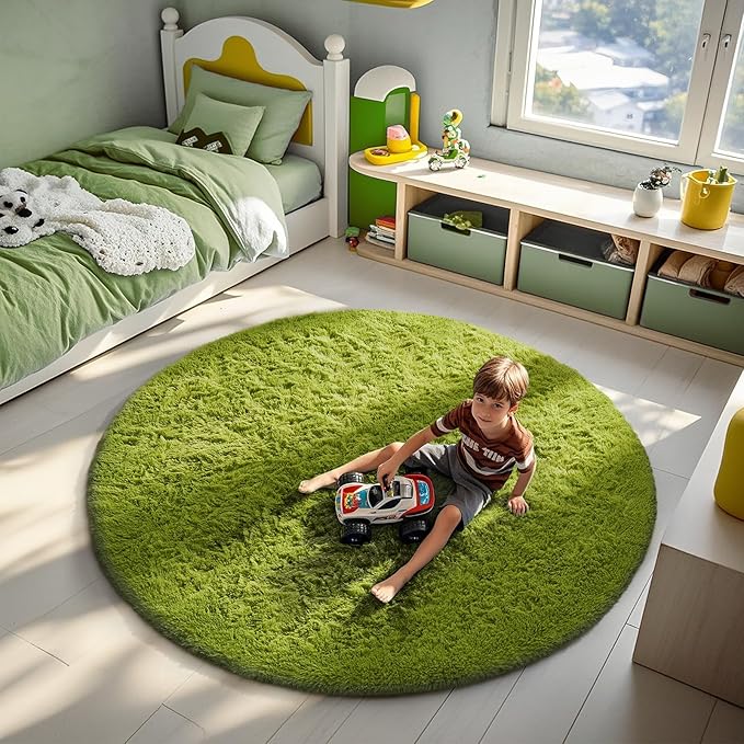 Ophanie Round Rug 6Ft Green Circle Area Rug, Green Room Decor, Fluffy Fuzzy Bedroom Carpet, Plush Soft Shaggy Living Room Rugs for Kids Home Decor Aesthetic, Nursery