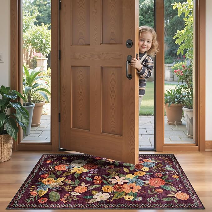 2x4 Entryway Runner Rugs, Non Slip Washable Rugs with Rubber Backing Soft Floral Carpet Runner for Kitchen, Laundry, Bedroom, Bathroom(2 x 4, Purple Lawn)