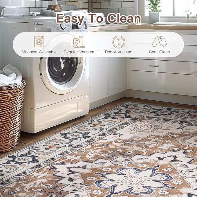 Lofus 4ft Area Rugs for Living Room, Washable Area Rug, Rugs for Bedroom, Kitchen, Vintage Boho Carpet, Soft Non-Slip, Low Pile Large Area Rug for Office Dining Room, Floral Brown