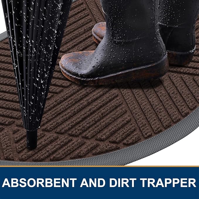 Smiry Half Circle Front Door Mat Outside Entrance, Heavy Duty Sturdy Natural Rubber Doormat, Trap Dirt and Moisture, Low Profile Mats for Indoor Outdoor Entry, Irregular Triangle (47x32, Dark Brown)