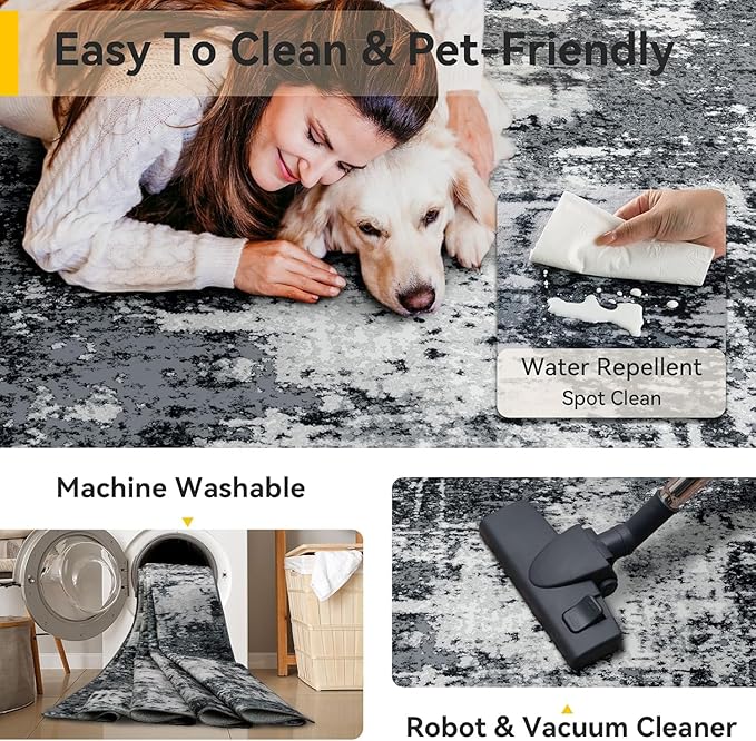 Washable Area Rugs 10'x14' Non-Slip Modern Abstract Soft for Living Room Entryway Bedroom Nursery, Print Pattern, Black Navy Blue Gray