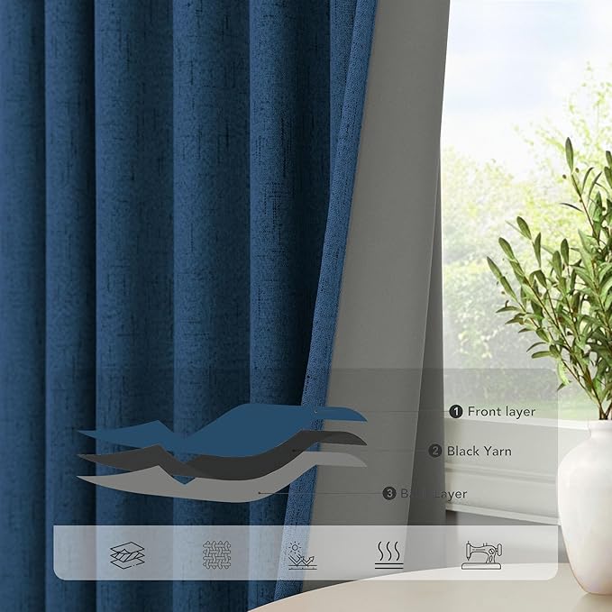 Navy Blue Black Out Curtains 63 Inch Long 2 Panel Burg Linen Textured Thermal Insulated Total Blackout Window Shades Soundproof Dark Out Curtain for Living Room Kids Children Boy Bedroom 63 Length