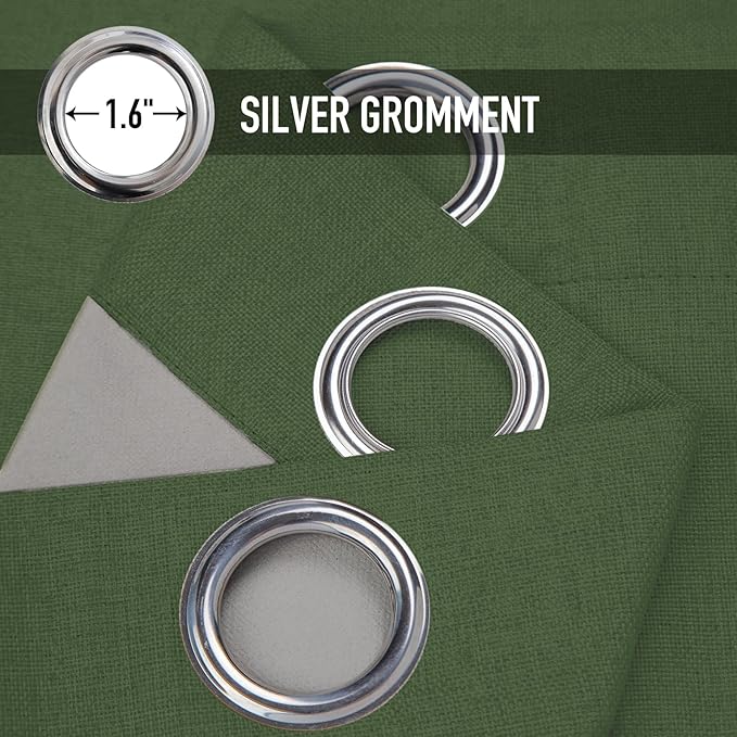 100% Blackout Shield Linen Blackout Curtains for Bedroom, Moss Green Grommet Curtains for Living Room, Thermal Insulated Room Darkening Drapes for Nursery, Boho Home Decor, 50" W x 90" L, 2 Panels