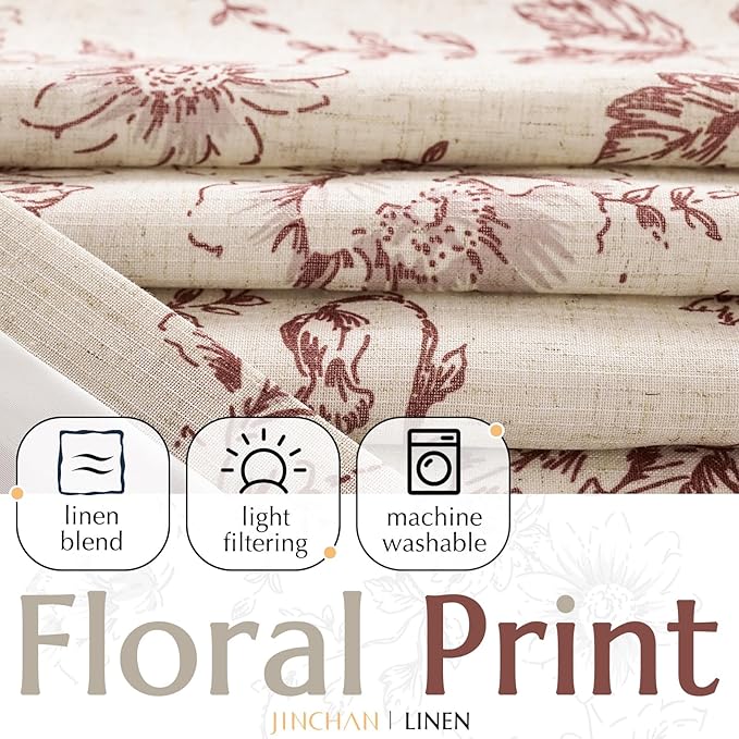 jinchan Lined Linen Blend Curtain Floral Curtains for Living Room 84 Inches Long Farmhouse Red Flower Printed Curtain Rod Pocket Back Tab Peony Patterned Drapes Curtains Set 2 Panels