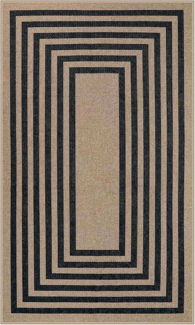 Lahome Enfys Modern Geometric Easy Jute Outdoor Rug, 3x5 Black Washable Kitchen Rugs for Bedroom Thin Non Slip Indoor Door Mat, Non Slip Farmhouse Carpet for Office Patio