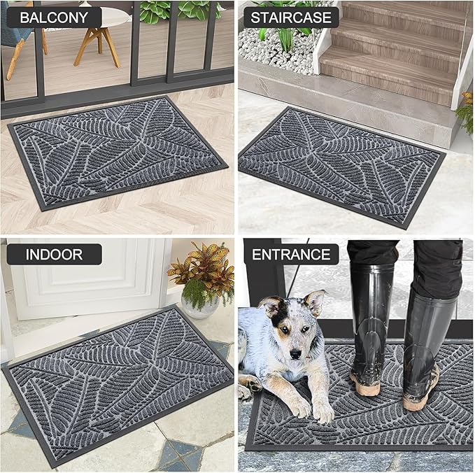 Colorxy Waterproof Doormat, Sturdy Natural Rubber Front Indoor Mat, Non Slip Low Profile Indoor Outdoor Door Mats, Stain and Fade Resistant Floor Mat, Easy Clean Patio Entrance Mat, 47''x17'', Grey