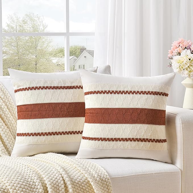 Fancy Homi Set of 1 Rust Boho Euro Decorative Throw Pillow Covers 26x26 Inch for Couch Bed Sofa, Aesthetic Modern Organic Fall Room Decor, Soft Cotton Cute Terracotta Textured Farmhouse Cushion Case