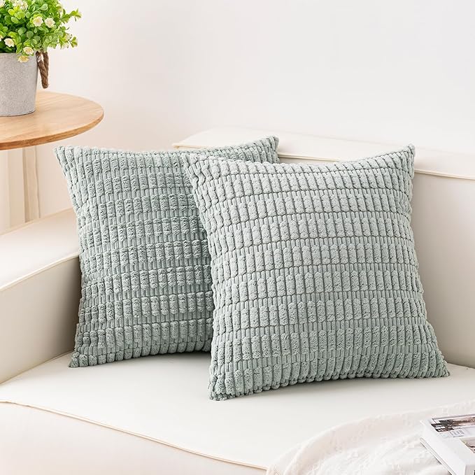 Pack of 2 Corduroy Decorative Throw Pillow Covers 18x18 Inch Soft Striped Pillow Covers Modern Farmhouse Home Decor for Sofa Living Room Couch Bed（Aqua）