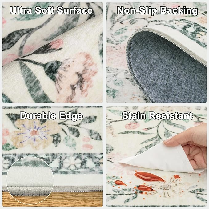 Round Area Rug for Living Room: 4 ft Floral Washable Circle Rug Soft Non-Slip Carpet Indoor Stain Resistant Low Pile Small Circular Rug for Bedroom Entryway Kitchen Nursery Home Office Green Beige