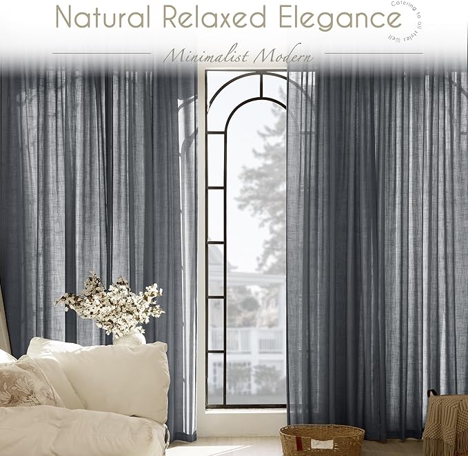 Dark Gray Curtains for Living Room Back Tab Modern Farmhouse Semi Sheer Gray Curtains 102 inches Long 2 Panels Set Muted Neutral Window Curtain for Dining Room Bedroom 52x102