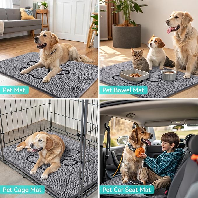 Smiry Dog Door Mat for Muddy Paws, Absorbent Dirt Trapper Non Slip Quick Dry Washable Chenille Mat for Mud Dogs, Entry Rug for Indoor and Outdoor (70x32 Inches, Grey and Black)
